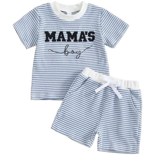 Baby Boys Summer Clothes Striped Mamas Boy Waffle Short Sleeve T-shirt Tops Shorts Set 6 12 18 24 Months Outfits
