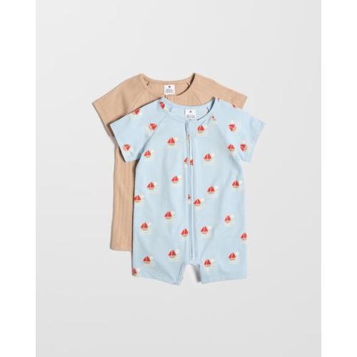 Baby Organic Cotton Zip Romper 2 Pack - Sailboats Blue
