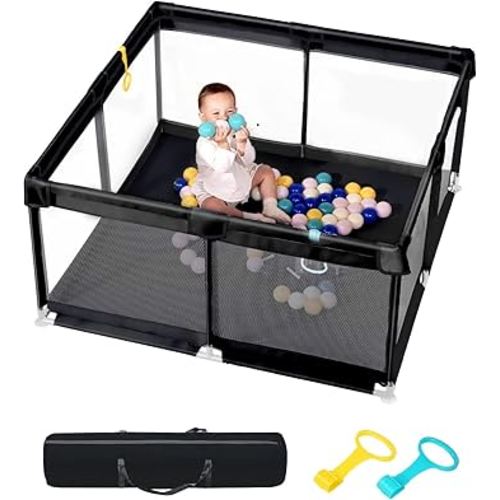 Upgraded Dearlomum Baby Playard, 50"x50" Baby Playpen with Gate, Anti-Slip Thick Base & Soft Mesh Sides, Indoor & Outdoor Activity Center for Toddlers (Black)