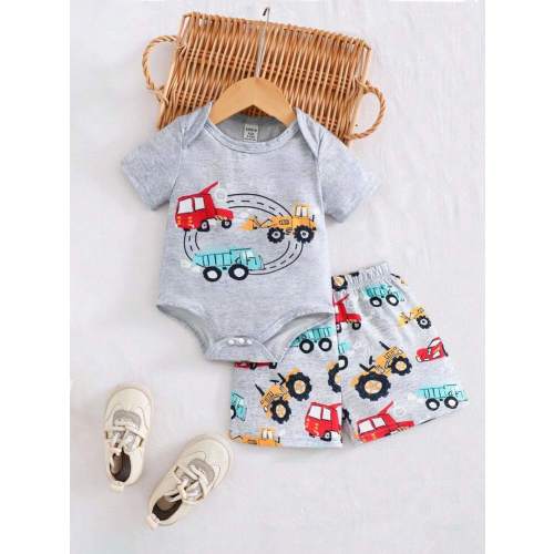SHEIN Playful Pals Baby Boys' Cute Cartoon Car Print Bodysuit And Shorts Set, Spring/Summer Baby Boy Construction Vehicle Clothes Baby Car Clothes Baby Boy Summer Set Baby Boy Car Print Bodysuit | SHEIN USA