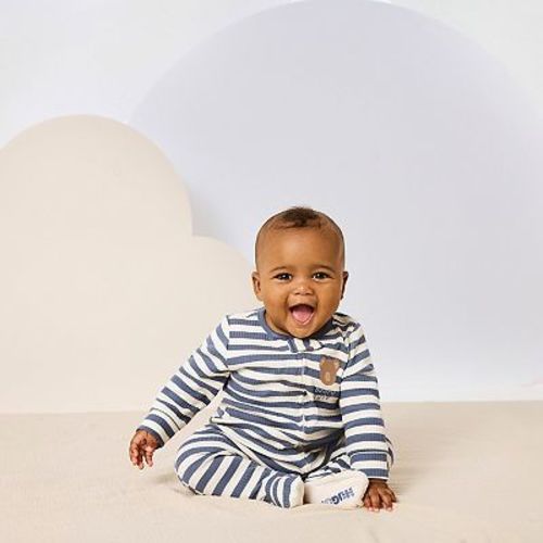 Newborn Baby Boys Huggies Babywear® 100% Organic Striped Footed Sleep & Play with Bear Graphic