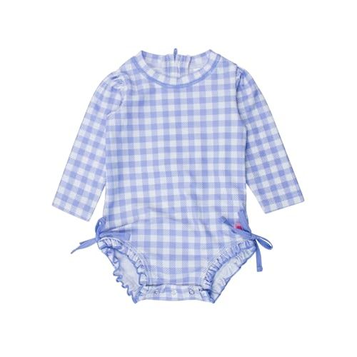 RuffleButts Baby Girls UPF 50+ Sun Protection Gingham Printed Long Sleeve One Piece Rash Guard Swimsuit with Zipper