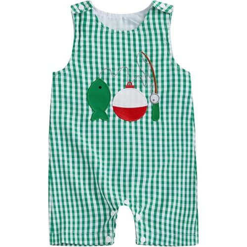 Karuedoo Newborn Baby Boy Summer Clothes Animal Embroidery Plaid Sleeveless Romper Jumpsuit Overall Bodysuit One-Piece Outfit