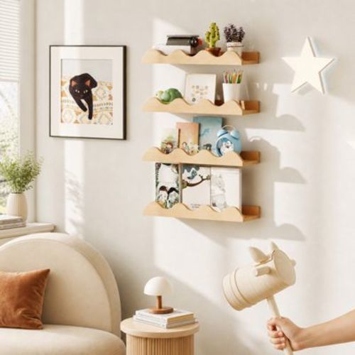 16 Inch Kids Nursery Floating Wall Mount Bookshelf Set of 4 Natural