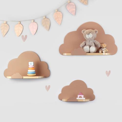 Cloud shelf, Shelf for baby, Baby nursery, Kids room, Wall decorations, Wooden shelf, Set of cloud shelf with small border clouds