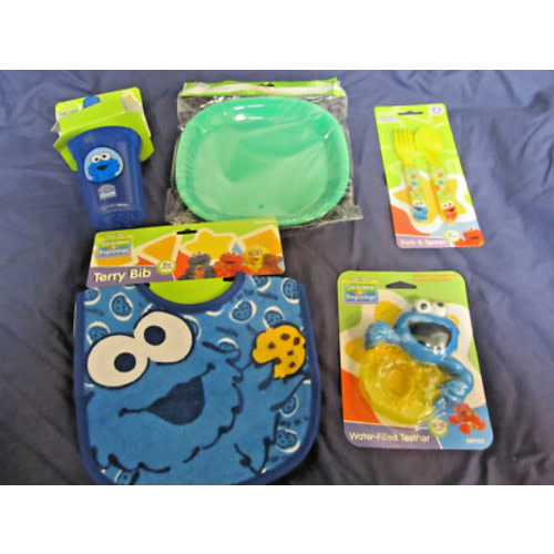 New Sesame Street Baby Mealtime Lot Bib Plates Flatware Bottle Cup Cookie Monstr