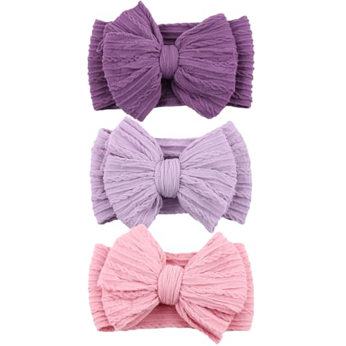 DRESHOW BQUBO Handmade Baby Headbands Soft & Stretchy Hair Bands with Bows Nylon Bows Hairbands for Girls Newborn Infant Toddlers Hair Accessories 3 pack