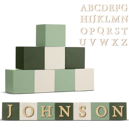 Kigley 8 Pcs Custom Wooden Name Sign 8 Letter Blocks and 78 Wooden Letter Name Wooden Cubes Wooden Blocks for Montessori Shower Name Alphabet Wood Signs (Green)