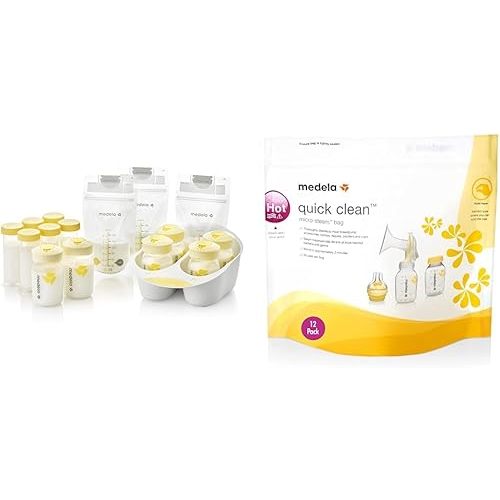 Medela Breast Milk Storage Solution Set, Breastfeeding Supplies & Containers, Breastmilk Organizer & Quick Clean MicroSteam Bags, Sterilizing Bags for Bottles Breast Pump Parts Eliminates 99.9