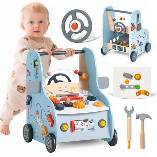 Giant bean Wooden Baby Push Walker with Activity Center – Car Traffic Theme Tool Bench Shape Sorter, Steering Wheel Gears, Montessori Toy for Toddler 1-3, Walking Toy Speed Adjustable