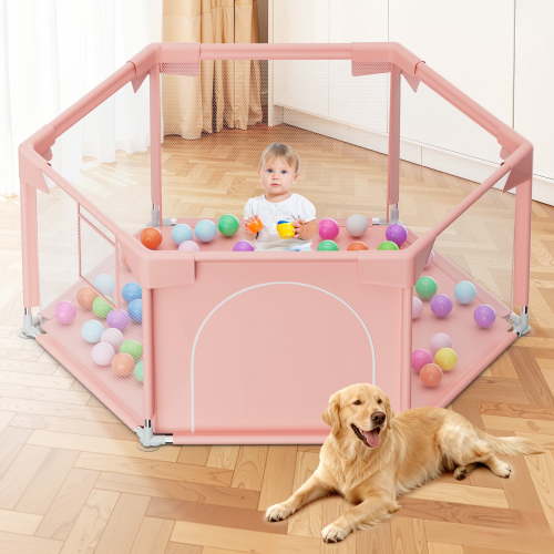babyeap 50 Inch Baby Playpen,Fence Baby Play Yard for Indoors Outdoors,Hexagonal Toddler Playpen,Pink