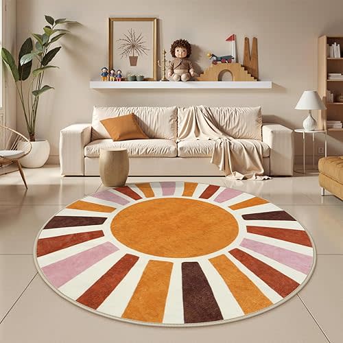 LIVEBOX Round Washable Rug 5.2ft Sun Circular Nursery Rug Girl for Kids Room, Soft Colorful Circle Rugs Cute for Girls Room, Non-Slip Cozy Retro Rainbow Round Rug for Classroom Play Room