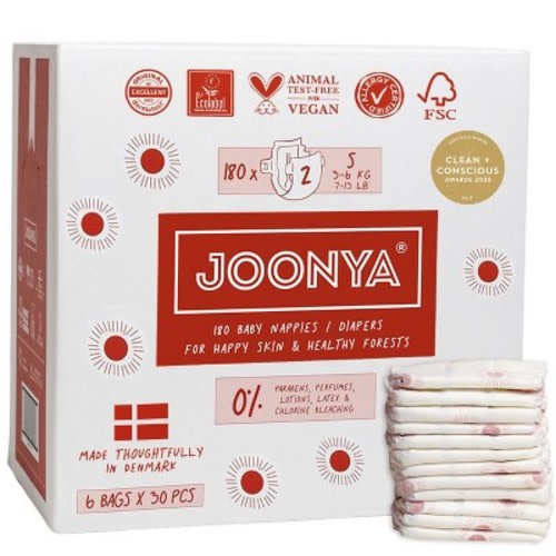 Joonya Baby Diapers, Size 2 S  - 6 Bags of 30  - Non Toxic, Eco-Friendly, High Absorbency, Overnight Use, Ultra Slim - Made in Denmark