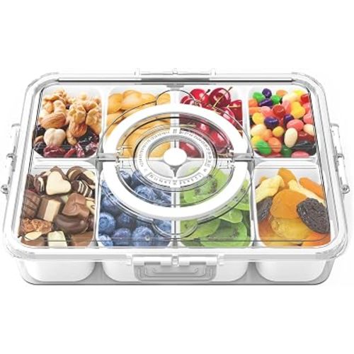 Divided Serving Tray with Lid and Handle,Time Recording 8 Compartments Snackle Box Container - Charcuterie Board for Portable Snack Platters - Clear Organizer for Fruits Snacks,Perfect for Travel