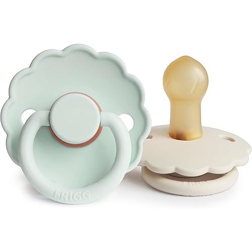 FRIGG Daisy Natural Rubber Baby Pacifier | Made in Denmark | BPA-Free (Seafoam/Cream, 0-6 Months) 2-Pack