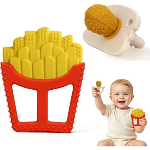Chuya Baby Teething Toys Set, Chicken Leg & French Fries Shape Sensory & Grasp Toys for Newborns Infants 0-6 Months 6-18 Months, Food-Grade Silicone, Massages Sore Gums, Baby Gift