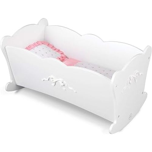 KidKraft Tiffany Bow Scalloped-Edge Wooden Lil Doll Rocking Cradle with Comforter, Pad and Pillow - White, Gift for Ages 3+