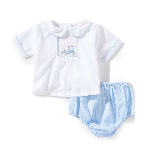 Petit Ami Baby Boys Hand Picture Smocked Train Top & Coordinating Stripe Diaper Cover Set
