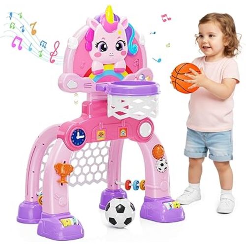 Unicorn Toddler Basketball Hoop & Soccer Goal with Light & Music, 2-in-1 Montessori Sports Toy for 1-3 Year Old Boys & Girls, Toys for 1+ Year Old Girls, Birthday for Baby Kids