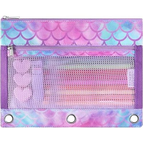 WAWSAM Mermaid Pencil Pouch for 3 Ring Binder, Binder Pencil Pouches for Girls with Zipper, Pencil Case with Clear Window, Cosmetic Bags for Office School College Supplies