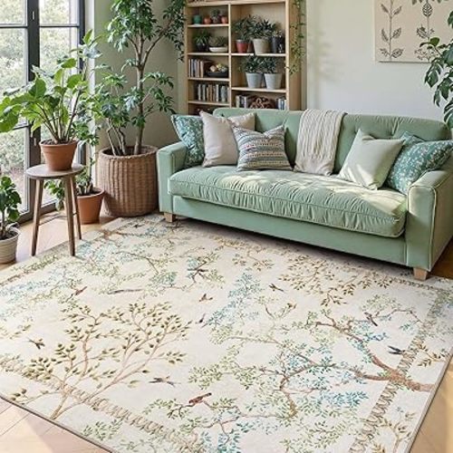 jinchan Botanical Birds 5x7 Ivory Area Rugs for Living Room Washable Non-Slip Soft Nature Plants Modern Carpet Vintage Ultra-Thin Low Pile Indoor Rug for Bedroom Dining Room