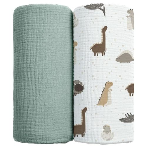 lulumoon Muslin Swaddle Blankets for Baby: 100% Cotton Receiving Blankets | Breathable Wrap for Newborn Swaddling - Nursery Gift for Baby Boys (Jungle Dinosaur)