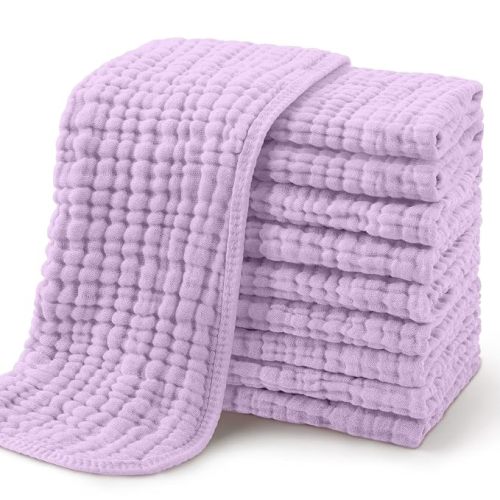 Yoofoss Muslin Burp Cloths for Baby 10 Pack 100% Organic Cotton Baby Washcloths for Boys Girls Large 20''X10'' Super Soft and Absorbent Apricot,Lavender