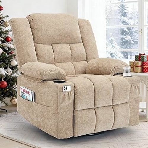 360° Rotating Adult Rocking Recliner, Baby Room Glider with Massage and Heating Functions, Rocking Chair with Cup Holder, Manual Recliner for Living and Bedroom (Fabric, Khaki)