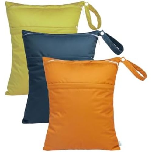 babygoal Wet Dry Bags 3 Pack for Baby Cloth Diapers, Washable Travel Bags, Beach, Pool, Gym Bag for Swimsuits & Wet Clothes with Two Zippered Pockets 3LN29