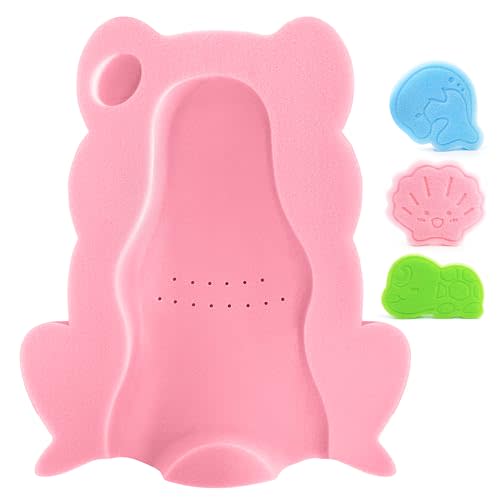 Baby Bath Sponge, Infant Comfy Soft Bath Sponges Mat, Natural Cute Shapes Skid-Proof Bathing Cushion for Toddler & Newborn, 4pcs Shape Style: Blue Dolphin, Pink Shell, Green Turtle and Big Pink Frog