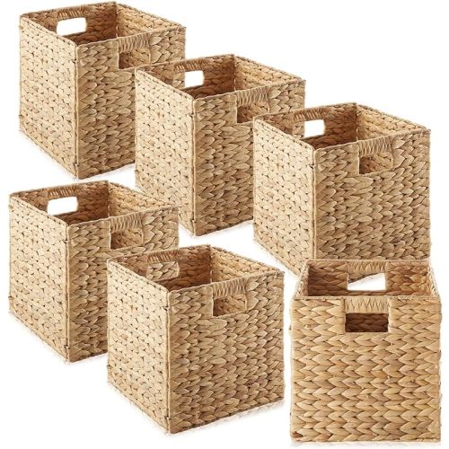 Casafield 10.5" x 10.5" Water Hyacinth Storage Baskets, Natural - Set of 6 Collapsible Cube Organizers, Woven Bins for Bathroom, Bedroom, Laundry, Pantry, Shelves