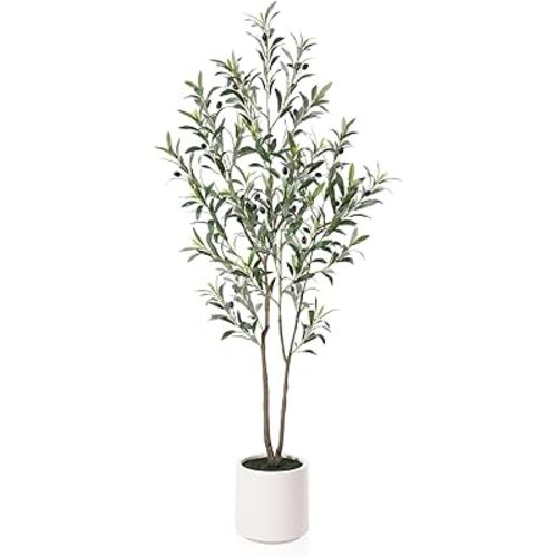 LOMANTO Artificial Olive Trees, 5 ft Tall Fake Olive Trees for Indoor, Faux Olive Silk Tree, Large Olive Plants with White Planter for Home Decor and Housewarming Gift, 1 Pack