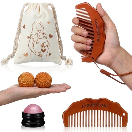 5 Pcs Birthing Comb Gifts Set Includes Wooden Labor Comb Massage Roller Ball Acupressure Massage Ball Canvas Bag for Pregnant Women Labor Pain Relief Essentials New Mom Encouragement Gifts