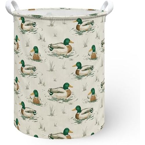 Vintage Mallard Duck Baby Boy Laundry Hamper Basket, Nursery Duck Decor Dirty Clothes Hamper, Neutral Hunting Decor Collapsible Laundry Bin Organizer Storage Basket for Boys Room, 13.8x17.8in