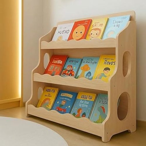 Kids Bookshelf Wooden Montessori Book Shelf Dutch Design 3 Tier Scalloped, Natural MapleWood