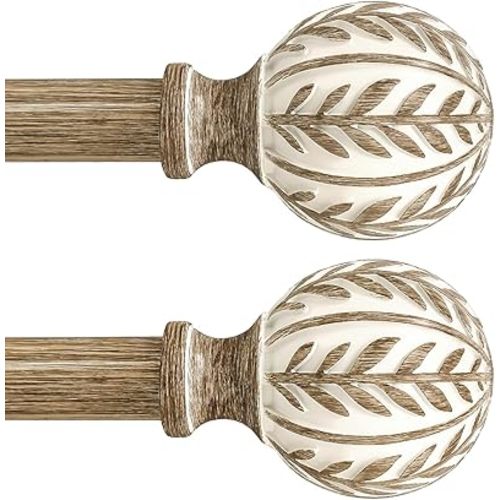 QDWIS 2 Pack Boho Wood Curtain Rods for Windows 48 to 84 inch,1" Adjustable Heavy Duty Window Curtain Rod with Imitation Wood Grain Finials,Rustic Decorative Drapery Rods Set 36-88'',Weathered Wood