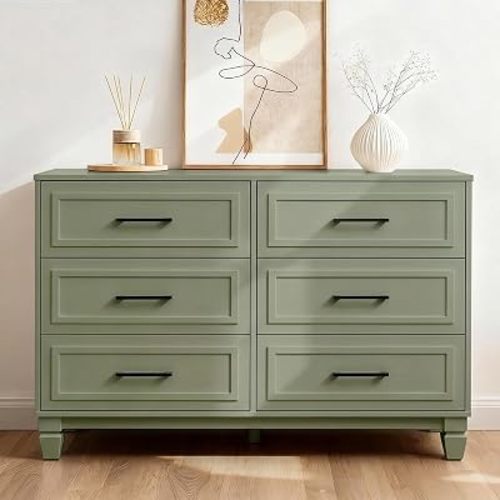 6 Drawer Dresser for Bedroom, Farmhouse Wood Wide Chest Kid Dresser, Green