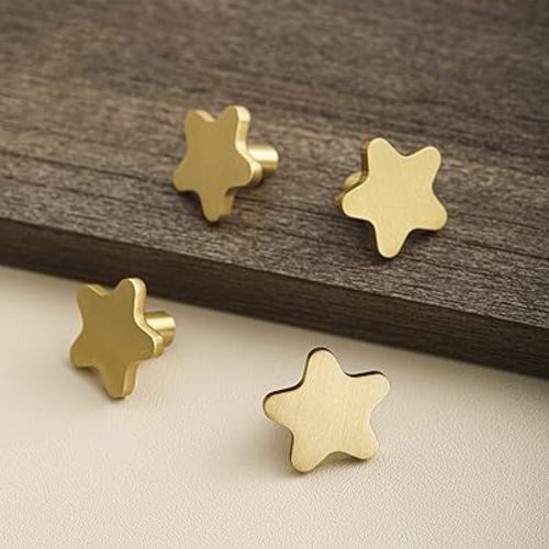Brass Cabinet Gold Knobs, Copper Drawer Knobs Star Handles Antique Gold Knob for Kitchen Bathroom Cabinet Door Drawer, 4 Pack