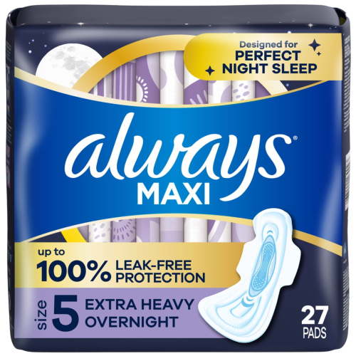 Always Maxi Pads with Wings, Size 5, Extra Heavy Overnight Absorbency, 27 CT HSA/FSA Eligible