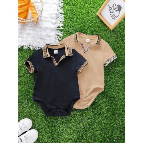 2pcs Newborn Baby Boy/Girl Casual Collegiate V-Neck Knit Bodysuit With Small Logo Print, Suitable For Summer Outings And Gatherings | SHEIN USA