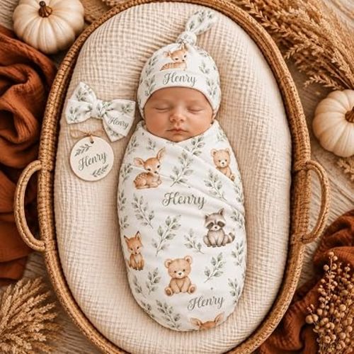 Personalized Woodland Baby Swaddle Blanket Set with Name for Newborn Boys