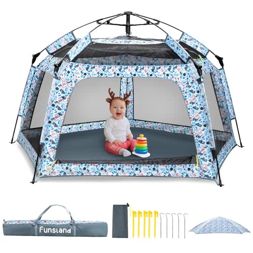 Funsland Baby Playpen Pop-up Tent - Outdoor & Indoor Play Tent for Beach with Canopy Travel Bag Portable Play Yard for Babies & Toddlers (Ocean)