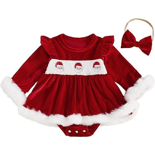 Newborn Baby Girls Christmas Outfits Long Sleeve Romper Dress Santa Claus Velvet Bodysuit with Headband 2Pcs Set