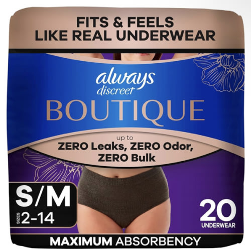 Always Discreet Boutique Incontinence and Postpartum Underwear for Women, Maximum Protection, Small/Medium, Black, 20 Count