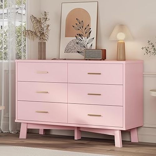 Dresser for Bedroom, 6 Drawer Wide Modern Chest of Drawers with X-Shaped Sturdy Base, Wood Double Dresser Closet Clothes Storage Organizer, Wooden TV Stand for Living Room, Hallway, Pink
