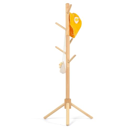 Beech Wood Kids Coat Rack - Adjustable Height Stand with 9 Hooks, Freestanding Children's Clothing Organizer for Hallway, Bedroom, Easy Assembly (Natural)