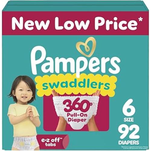 Pampers Diapers - Swaddlers 360° - Size 6, 92 Count, up to 100% Leakproof Comfy Dry Fit, Designed for Easy Changes, Pull On Baby Diaper (Packaging May Vary)