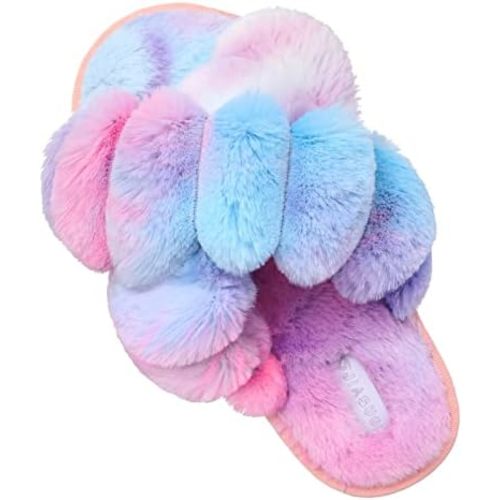 JIASUQI Women's Open Toe Slippers Fuzzy Fluffy House Slippers for Women Cozy Criss Cross Furry Slides Slippers