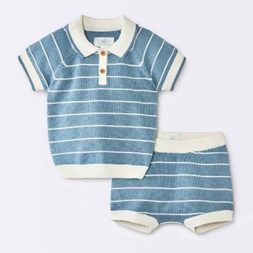 Baby Boys' 2pc Striped Crochet Sweater Polo Top and Shorts Set - Cloud Island™ Blue 3-6M