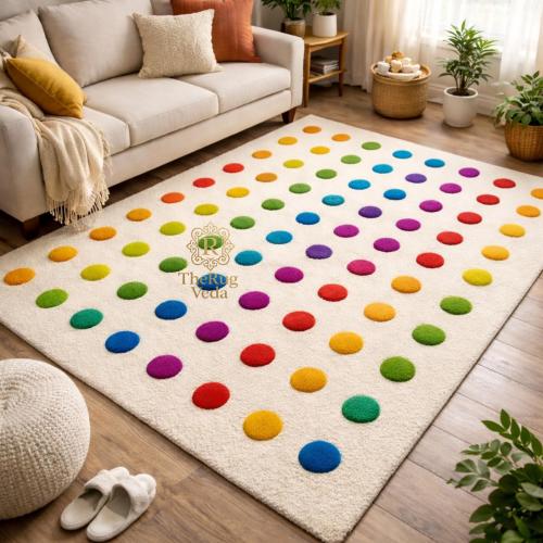 Hand Tufted Colorful Dot Rug, Polka Dot Kids Rug, Modern Playroom Carpet, Nursery & Living Room Decor